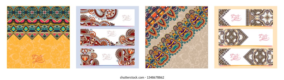 set of decorative flower template banner in indian kalamkari style, card, web design with place for your text, vector illustration
