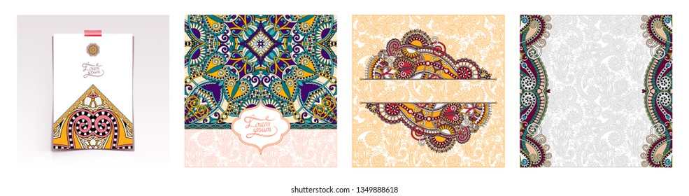 set of decorative flower template banner in indian kalamkari style, card, web design with place for your text, vector illustration