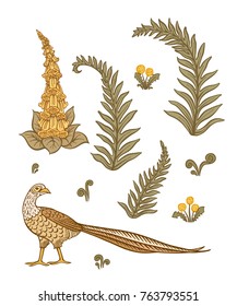 Set with decorative flowers and bird for design. Vector illustratoin
