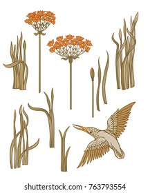 Set with decorative flowers and bird for design. Vector illustratoin