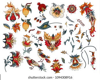 Set of decorative flowers and birds 