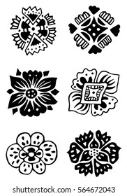 Set of decorative flowers. Black and white hand-drawn mandala ink graphics. Vector illustration.