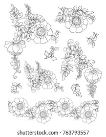 Set with decorative flowers for design. Vector illustratoin