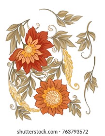 Set with decorative flowers for design. Vector illustratoin