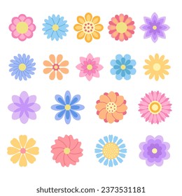 Set of decorative flowers icons. Flowers drawn in flat style. Vector illustration.