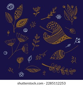 Un conjunto de flores y hojas decorativas. Archivo vector.