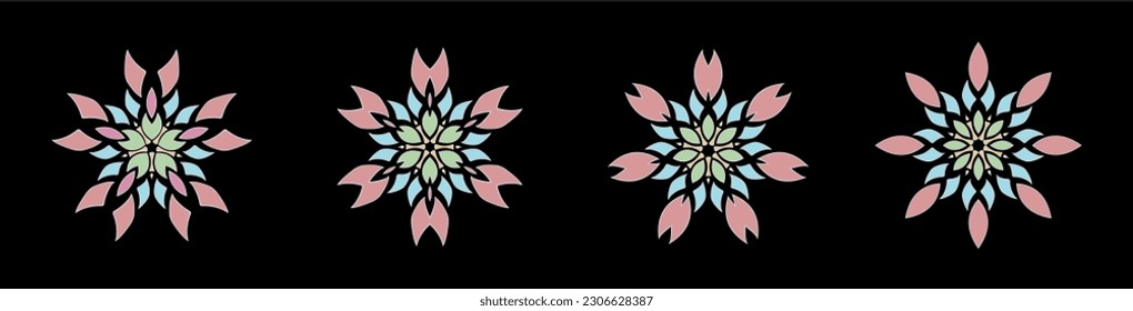 Set of decorative flowers or stars in light colors isolated on black.