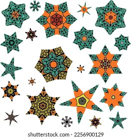 A set of decorative flowers, stars. Vector file for designs.