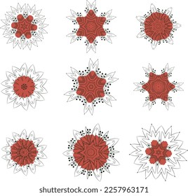 A set of decorative flowers, stars. Vector file for designs.