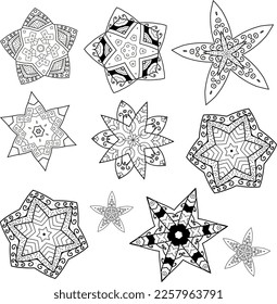 A set of decorative flowers, stars. Vector file for designs.