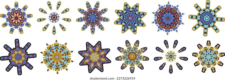 A set of decorative flowers, stars. Vector file for designs.
