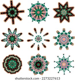 A set of decorative flowers, stars. Vector file for designs.