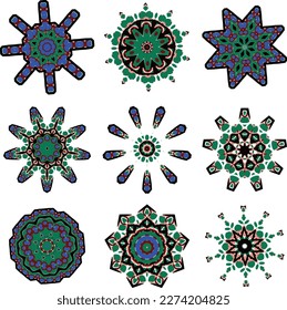 A set of decorative flowers, stars. Vector file for designs.