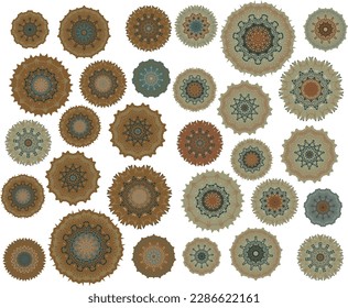 Un conjunto de flores decorativas, estrellas. Archivo vector.
