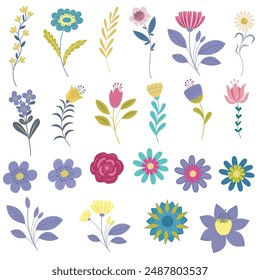 Set of Decorative Flowers. Vector Illustration.