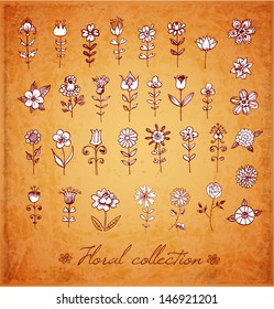 Set of decorative flowers for your design. Hand-drawn flowers in vintage style. Stylized vector illustration. 
