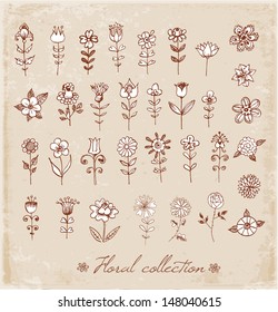 Set of decorative flowers for your design. Hand-drawn flowers in vintage style. Stylized vector illustration. 