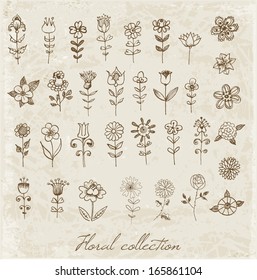 Set of decorative flowers for your design. Hand-drawn flowers in vintahe style. Stylized vector illustration. 