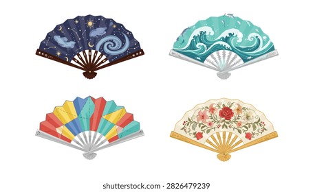 Set of decorative folding hand fans featuring diverse artistic patterns including space and flowers.