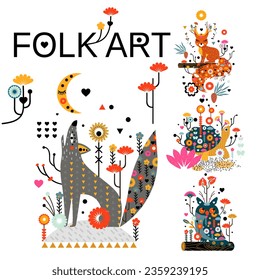 
Set decorative forest animals folk art. Isolate on a white background. Vector illustration