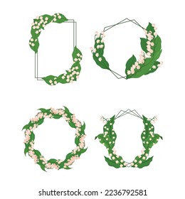Set of Decorative Frame And Borders with Lilly Of The Valley Green Leaves, Blossoms, Twigs. Isolated Elements for Wedding Invitation, Spring Holiday Greeting Cards Design. Cartoon Vector Illustration