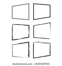 Set of decorative frame icons. Six different rectangular designs. Abstract black and white vector.