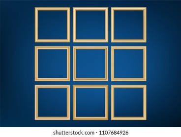 Set of decorative frame picture with gold border, Vector design on blue background with copy space in premium concept.