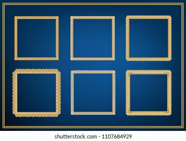 Set of decorative frame picture with gold border, Vector design on blue background with copy space in premium concept.