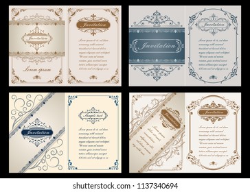 set of decorative frame in vintage style with beautiful filigree and retro border for premium invitation or wedding card on ancient background, luxury postcard, ornament vector