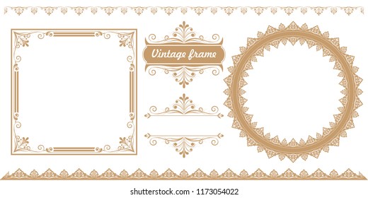 set of decorative frame in vintage style with beautiful filigree and retro border for premium invitation cards or luxury certificate on ancient background, ornament vector