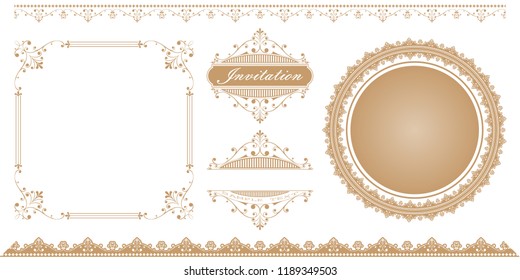 set of decorative frame in vintage style with beautiful filigree and retro border for premium invitation cards or luxury certificate on ancient background, ornament vector