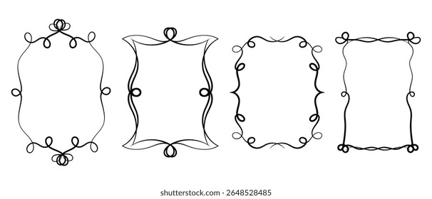 Set of decorative frames. Abstract black and white antique style frame. Hand drawn black outline borders isolated on white background. Simple doodle, element design.