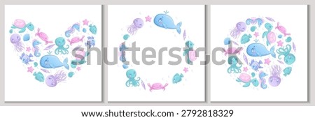 A set of decorative frames and backgrounds with cute cartoon sea animals on a white background. Whale, jellyfish, octopus, fish, seahorse, turtle, crab. Children's vector illustration for the design 