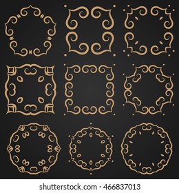Set of decorative frames and borders. Mono line design templates. Golden outline decor. 