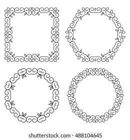 Set of decorative frames and borders. Mono line design templates, isolated on white background