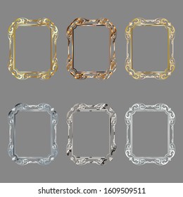 Set of decorative frames and borders standard rectangle proportions backgrounds vintage design elements gold and silver colors. Vector illustration