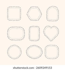 A set of decorative frames of different shapes with seams, made in a minimalist style. Ideal for scrapbooking, design, photo and postcard design.