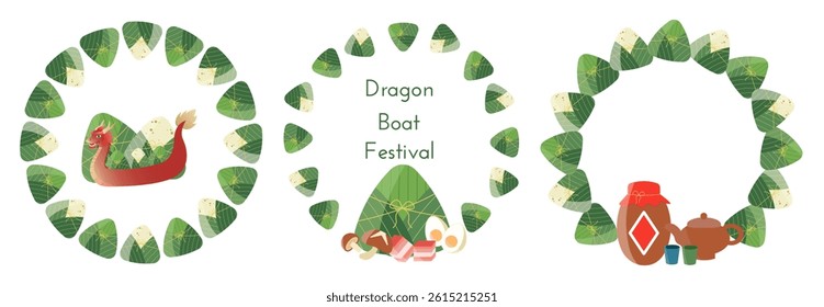 Set of decorative frames for Dragon Boat Festival with zongzi, rice, Dragon Boat, realgar wine, teapot, cups, shiitak mushrooms, pork, eggs. Vector illustration for Duanwu Festival in China