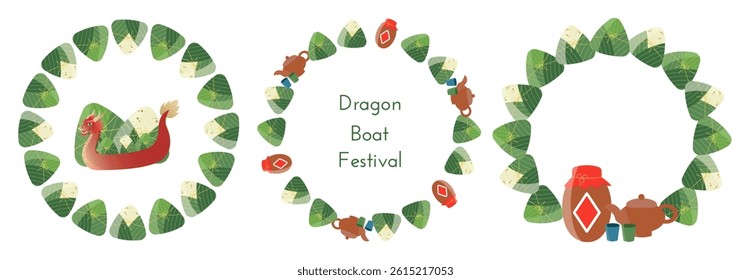 Set of decorative frames for Dragon Boat Festival with zongzi, rice, Dragon Boat, realgar wine, teapot, cups. Vector illustration for Duanwu Festival in China
