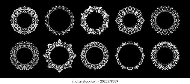 Set of decorative frames Elegant vector element for design in Eastern style, place for text. Floral black and white borders. Lace illustration for invitations and greeting cards.