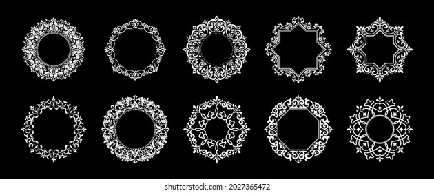 Set of decorative frames Elegant vector element for design in Eastern style, place for text. Floral black and white borders. Lace illustration for invitations and greeting cards.