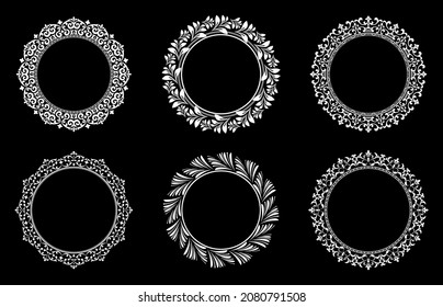 Conjunto de marcos decorativos Elegante elemento vector para el diseño en estilo oriental, lugar para el texto. Bordes florales en blanco y negro. Ilustración para invitaciones y tarjetas de felicitación.