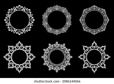 Set of decorative frames Elegant vector element for design in Eastern style, place for text. Floral black and white borders. Lace illustration for invitations and greeting cards.
