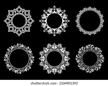 Set of decorative frames Elegant vector element for design in Eastern style, place for text. Floral black and white borders. Lace illustration for invitations and greeting cards.