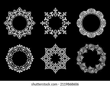 Set of decorative frames Elegant vector element for design in Eastern style, place for text. Floral black and white borders. Lace illustration for invitations and greeting cards.