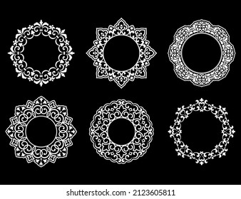 Set of decorative frames Elegant vector element for design in Eastern style, place for text. Floral black and white borders. Lace illustration for invitations and greeting cards.