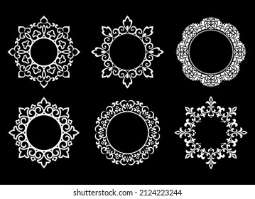 Set of decorative frames Elegant vector element for design in Eastern style, place for text. Floral black and white borders. Lace illustration for invitations and greeting cards.