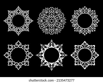 Set of decorative frames Elegant vector element for design in Eastern style, place for text. Floral black and white borders. Lace illustration for invitations and greeting cards.
