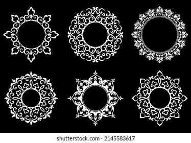 Set of decorative frames Elegant vector element for design in Eastern style, place for text. Floral black and white borders. Lace illustration for invitations and greeting cards.