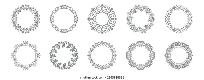 Set of decorative frames Elegant vector element for design in Eastern style, place for text. Floral gray and white borders. Lace illustration for invitations and greeting cards